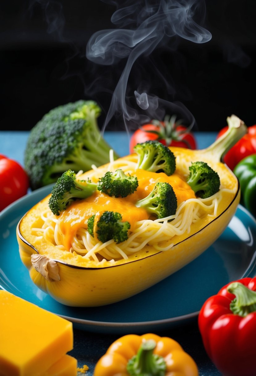 A steaming spaghetti squash filled with cheesy broccoli cheddar, surrounded by colorful vegetables